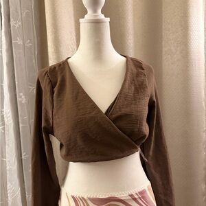 Women's Brown Wrap Crop Top - Long Sleeve